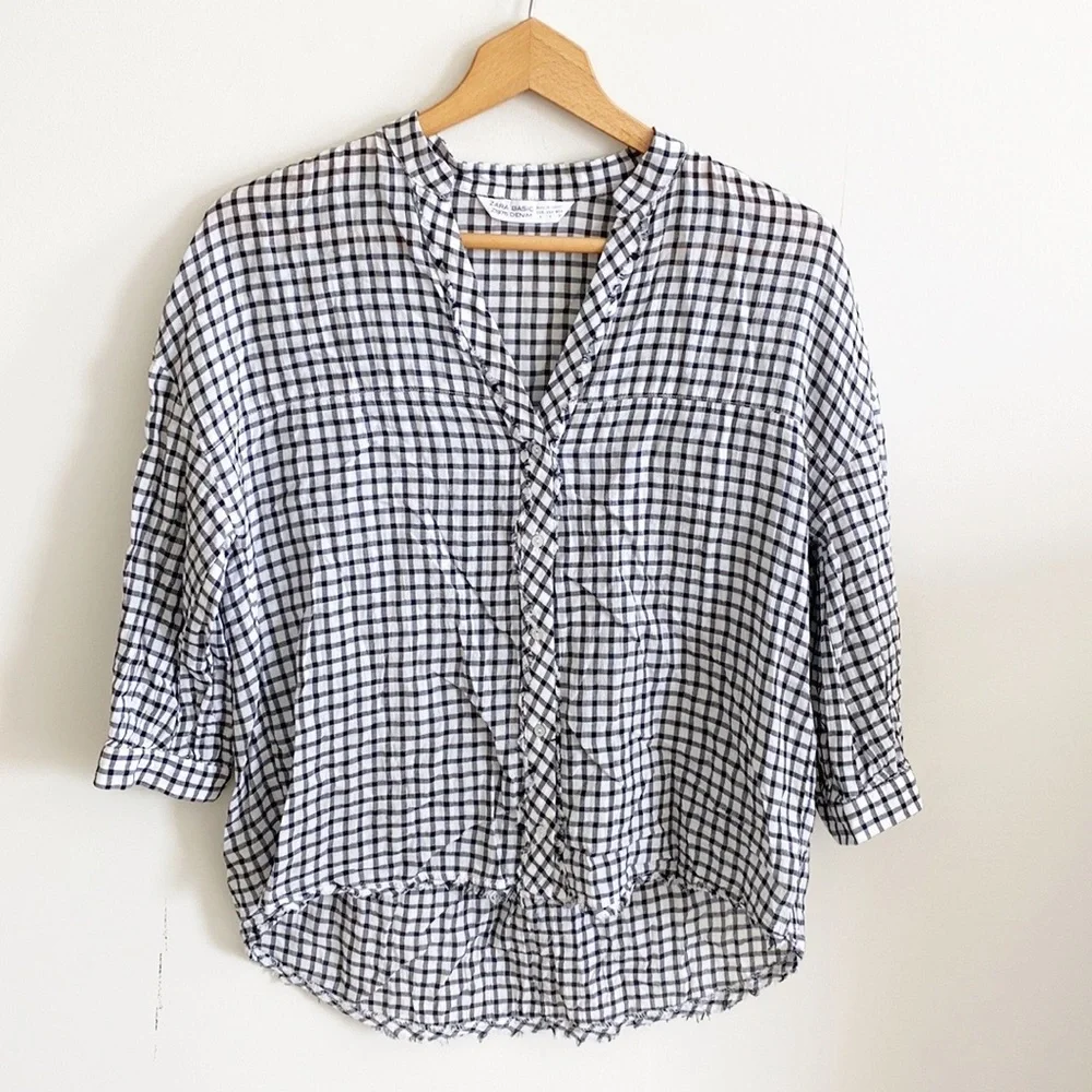Zara black and white checkered gingham print button down top - Picture 1 of 5